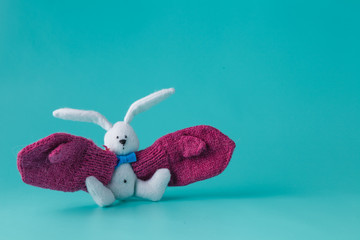 Fototapeta na wymiar Funny white bunny with big mittens