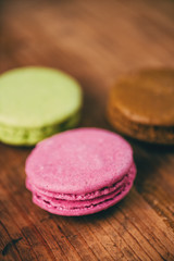 Homemade macaron cookies on table, macro close up