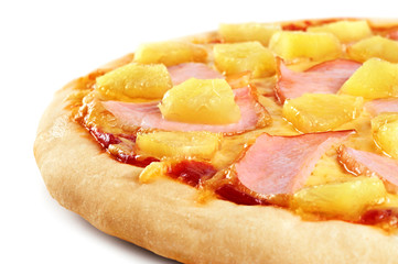 Pizza with pineapple and ham on white background.