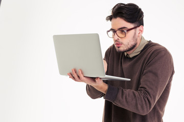 Funny man using laptop compter