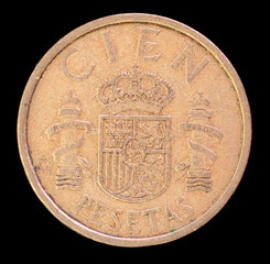 Tail of 100 pesetas coin, issued by Spain in 1984 depicting the national coat of arms