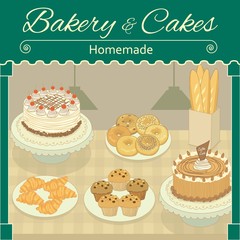 Vector drawing bakery&cakes home made cafe.The bakery products&cakes display in shop.