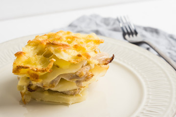 Potato casserole with meat on the wooden table