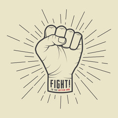 Fist with sunbursts in vintage style. Vector illustration