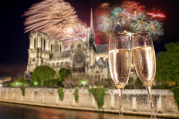 Toasting with champagne against Notre Dame with firework in Paris, France