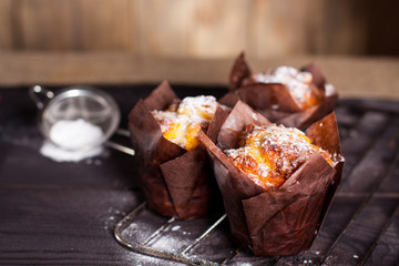 Muffins with white powdered sugar on wooden background.