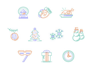 Fototapeta na wymiar Christmas accessories color line vector icons set