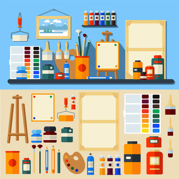 Studio of Art. Set of Tools and Materials for Creativity and Pai
