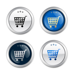 Sale seals or icons with shopping cart symbol. Glossy silver seals or buttons