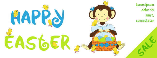 Easter sale horizontal banner with cute monkey