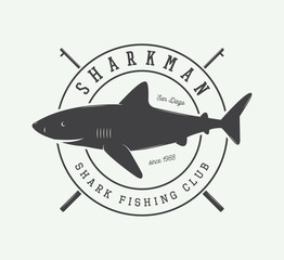 Vintage fishing label, log, badge with shark. 
