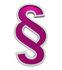 Paragraph sign from pink glass with white frame alphabet set, isolated on white. Computer generated 3D photo rendering.
