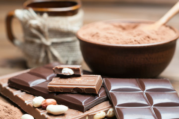 black and milk chocolate, nuts, cocoa