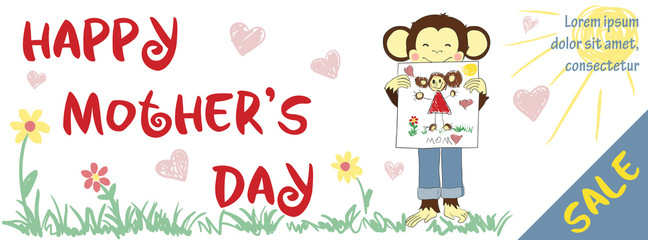 Mothers day sale banner with cute monkey