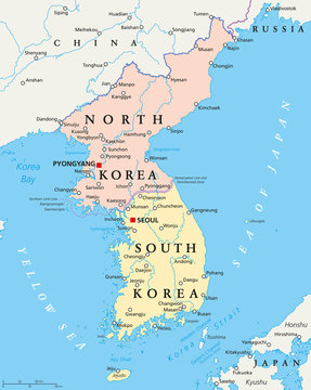 North Korea and South Korea political map with capitals Pyongyang and Seoul. Korean peninsula, national borders, important cities, rivers and lakes. English labeling and scaling. Illustration.