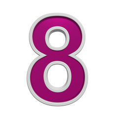 One digit from pink glass with white frame alphabet set, isolated on white. Computer generated 3D photo rendering.