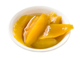Bowl of canned mango isolated on white