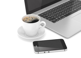 Fototapeta na wymiar Laptop smartphone and coffee cup 