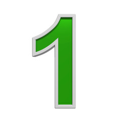 One digit from green glass with white frame alphabet set, isolated on white. Computer generated 3D photo rendering.