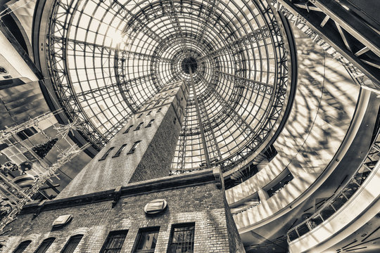 Looking up beside shot tower at the domed roof of Melbourne cent