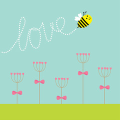 Heart stick flower set and flying bee. Green grass. Dash line word Love. Flat design.