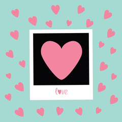 Instant photo in flat design style. Pink hearts. Love card. Blue background