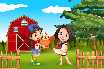 Two girls and chicken in the farm