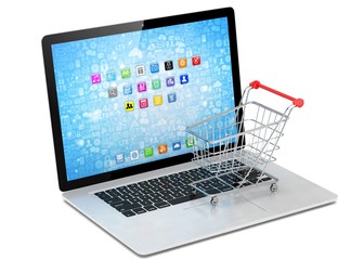 Shopping cart on laptop. 