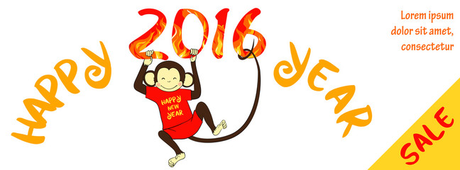 New year sale horizontal banner with cute monkey