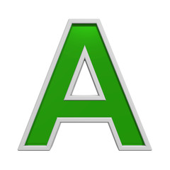 One letter from green glass with white frame alphabet set, isolated on white. Computer generated 3D photo rendering.