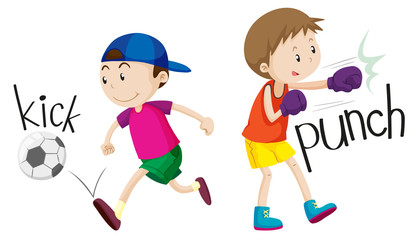 Boy kicking ball and punching