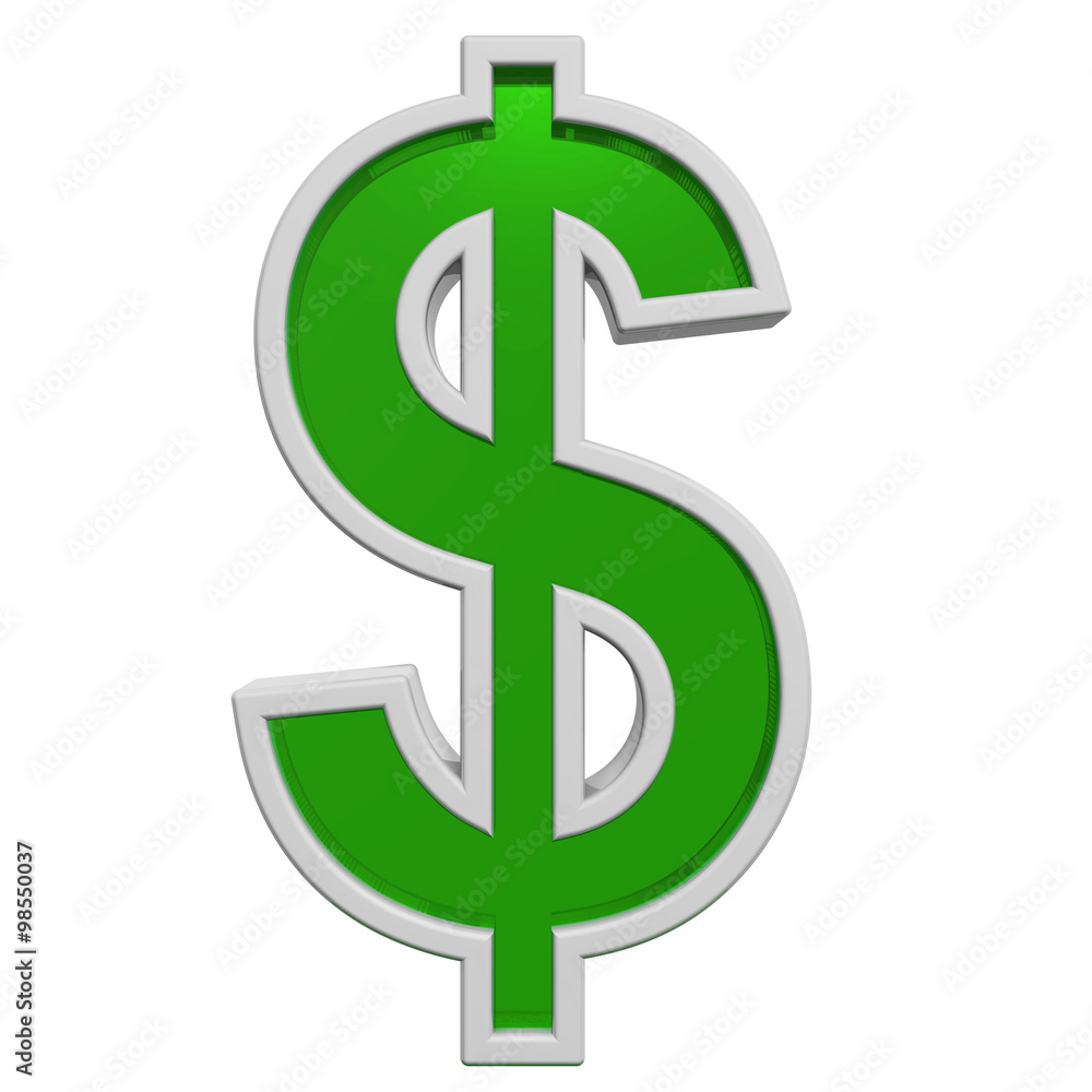 Fototapete dollar sign from green glass with white frame alphabet set, isolated on white. computer generated 3d