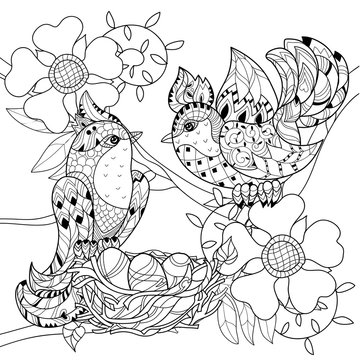 Zentangle stylized bird on nest. Hand Drawn vector illustration. Sketch for tattoo,coloring or makhenda. Bird collection.