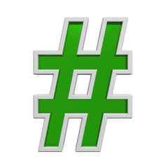 Number mark sign from green glass with white frame alphabet set, isolated on white. Computer generated 3D photo rendering.