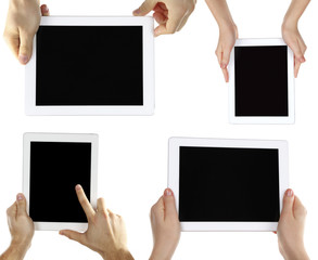Hands holding tablet-pc isolated on white