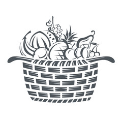 monochrome illustration of basket with various fruits