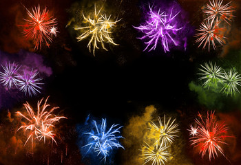 Fototapeta premium Holidays banner. Colorful fireworks dark night sky. Happy New Ye