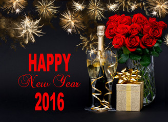 Fototapeta na wymiar Champagne, gift, flowers and golden fireworks. Happy New Year 20