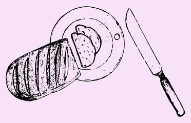sliced loaf on a board with knife, doodle style, isolated on pink background