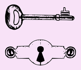 Keyhole, key, doodle style isolated on pink background