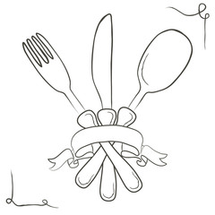 Vector hand drawn illustration with cutlery set. Sketch. Vintage