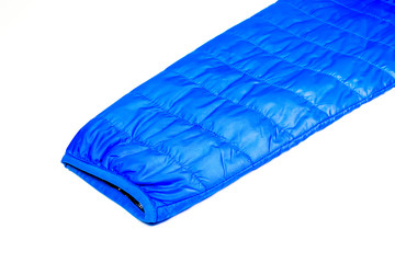 hand of blue warm insulated texture of jacket,warm light weight insulation. © checubus