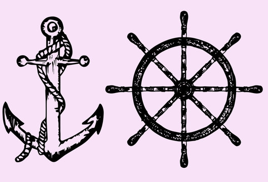 Ships Anchor And Wheel, Doodle Style, Sketch Illustration