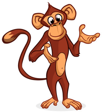 Cute monkey presenting and pointing hand. Vector Cartoon character on a white background