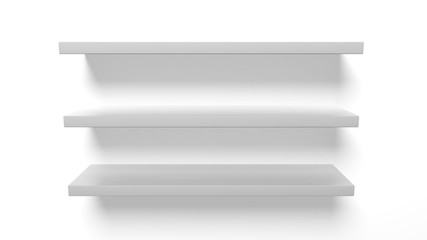 Empty wall shelves, isolated on white background.