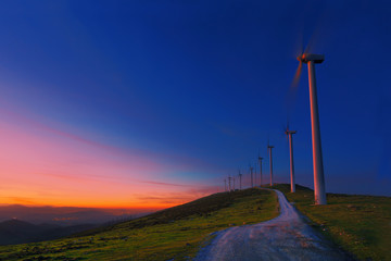 wind turbines in Oiz eolic park at night