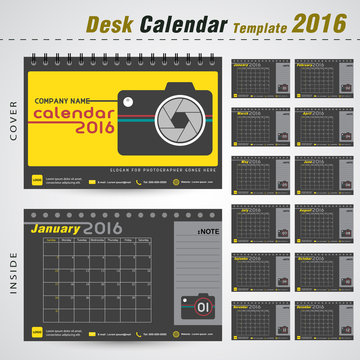 Desk calendar 2016 vector design template with camera sign for new year ,photographer ,photography , Can be used for new year, company ,office, business, holiday plan or planner vector illustration 