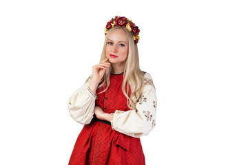Girl in Ukrainian national costume and with flower crown