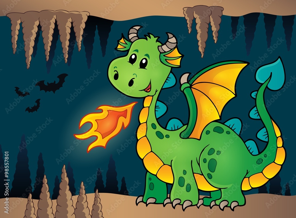 Wall mural cave with green happy dragon