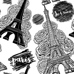 Paris. Vintage seamless pattern with Eiffel Tower, roses and ink scribbles. Retro black and white hand drawn vector illustration.